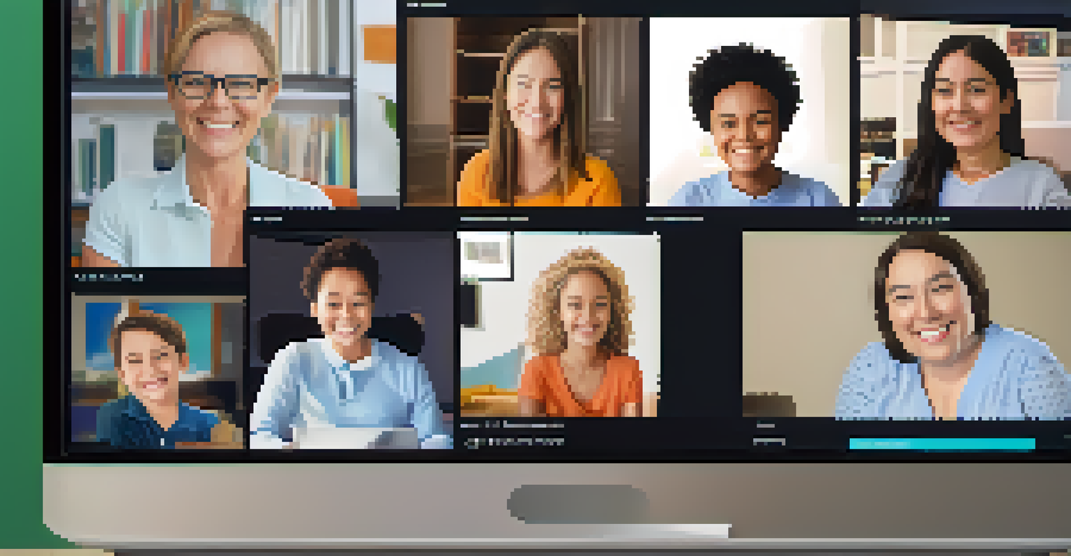 A computer screen showing an online support group meeting with smiling faces of parents and educators discussing special needs education.