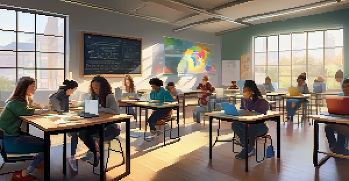 A classroom with students participating in blended learning, using both traditional and digital resources, showcasing diversity and collaboration.