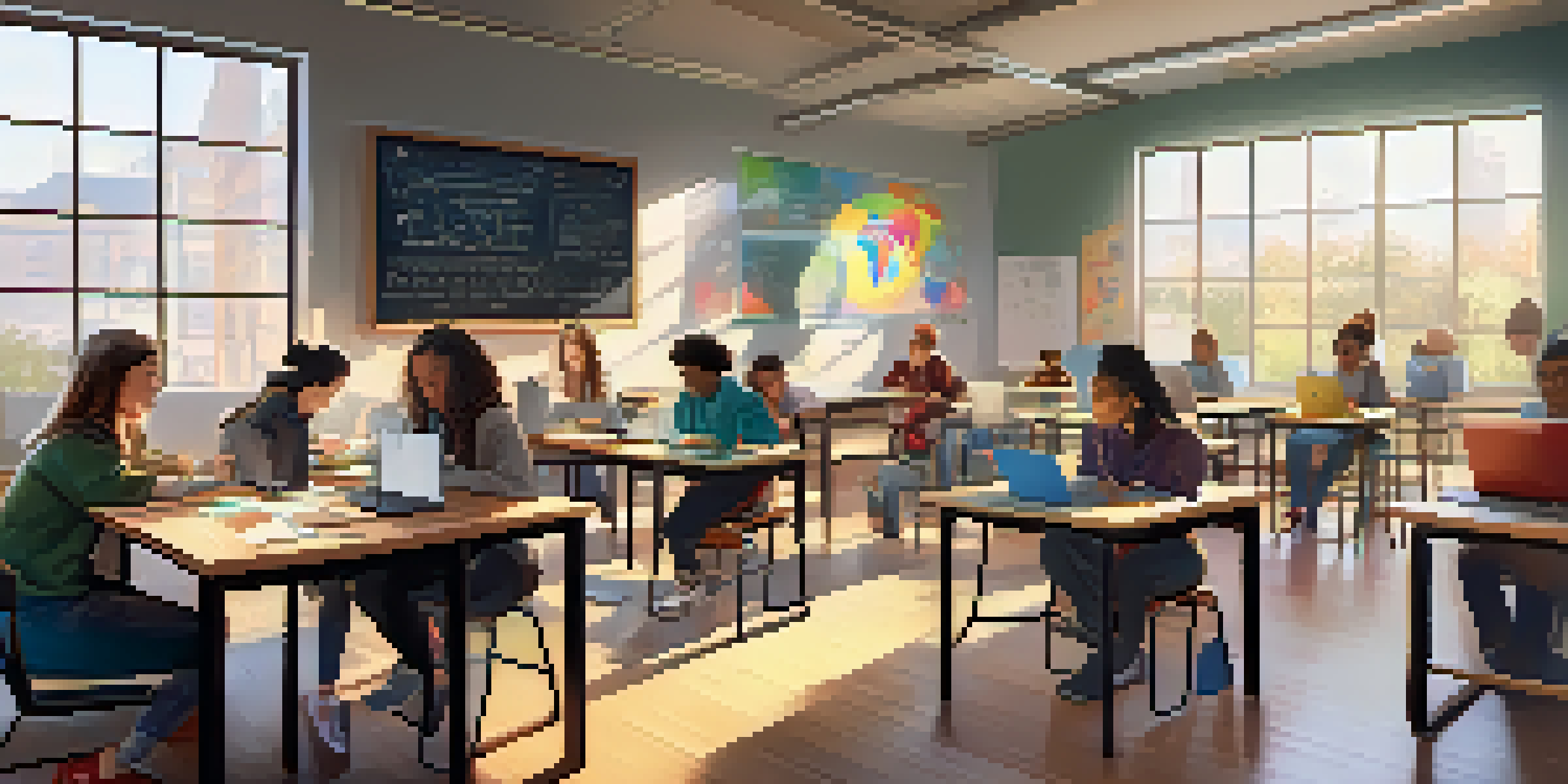 A classroom with students participating in blended learning, using both traditional and digital resources, showcasing diversity and collaboration.