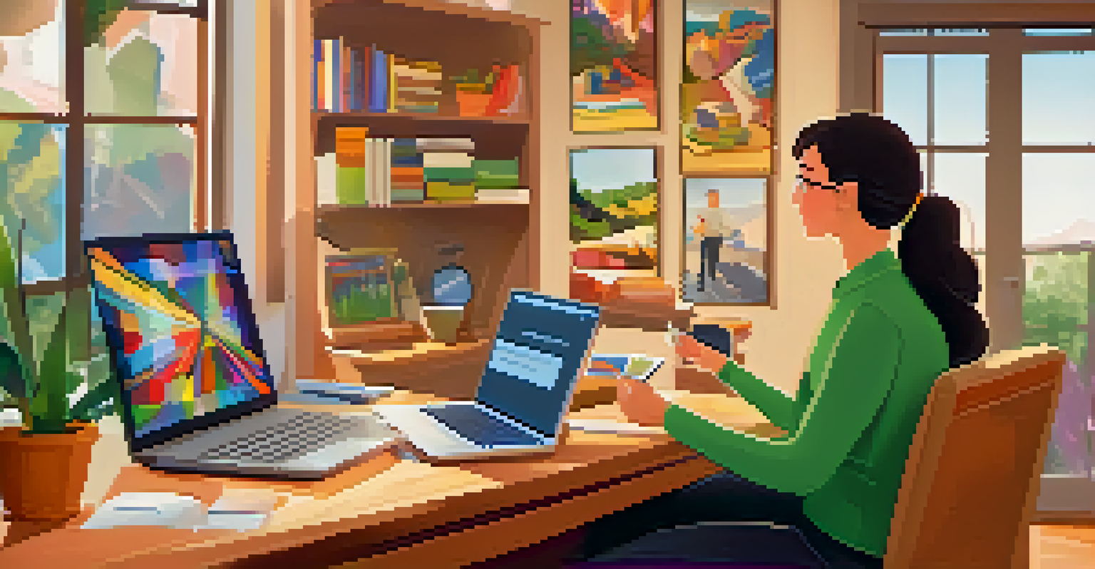 An educator conducting an online class from a home office, with students visible on the screen participating actively.