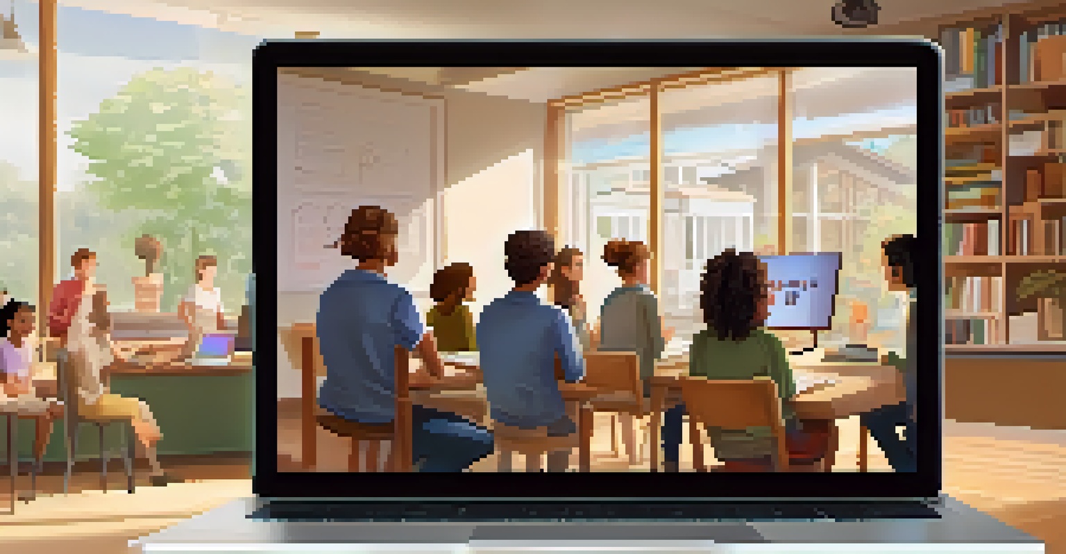 A laptop screen shows a virtual classroom with a teacher presenting, while students watch attentively, set in a cozy home environment illuminated by natural light.