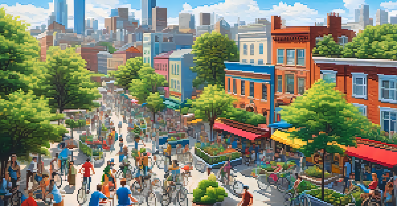 A lively city with green buildings, solar panels, and people riding bicycles, representing the integration of sustainability in urban living.