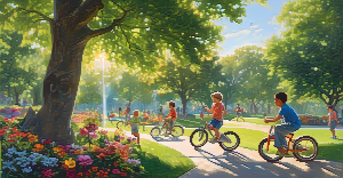 Children playing in a sunny park, climbing trees, riding bikes, and playing frisbee with bright flowers around.