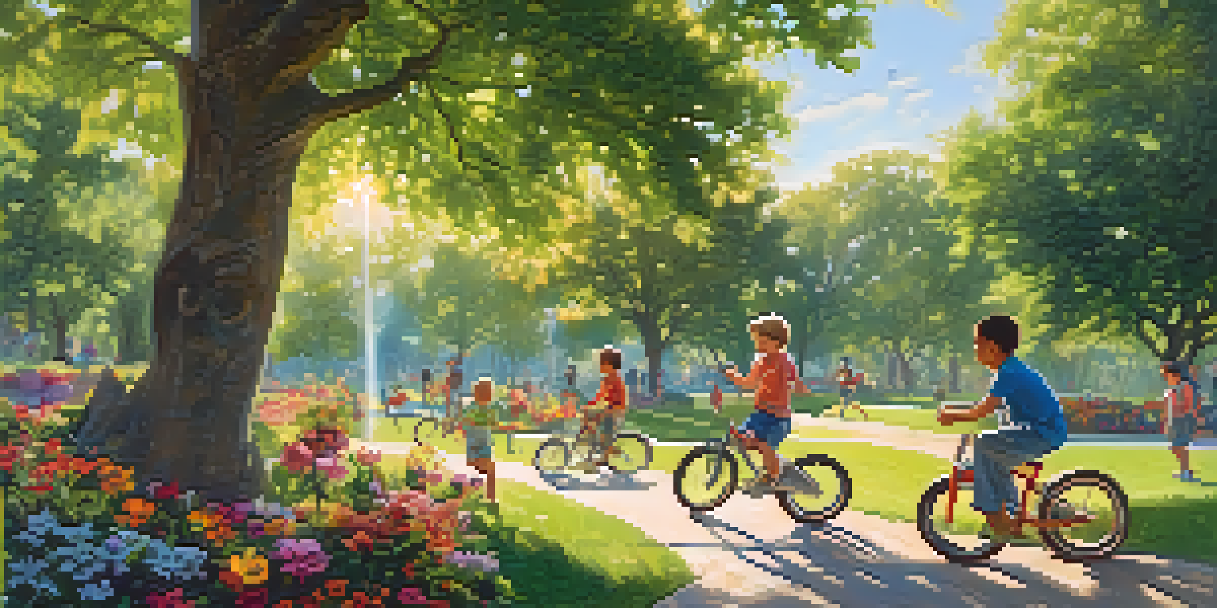 Children playing in a sunny park, climbing trees, riding bikes, and playing frisbee with bright flowers around.