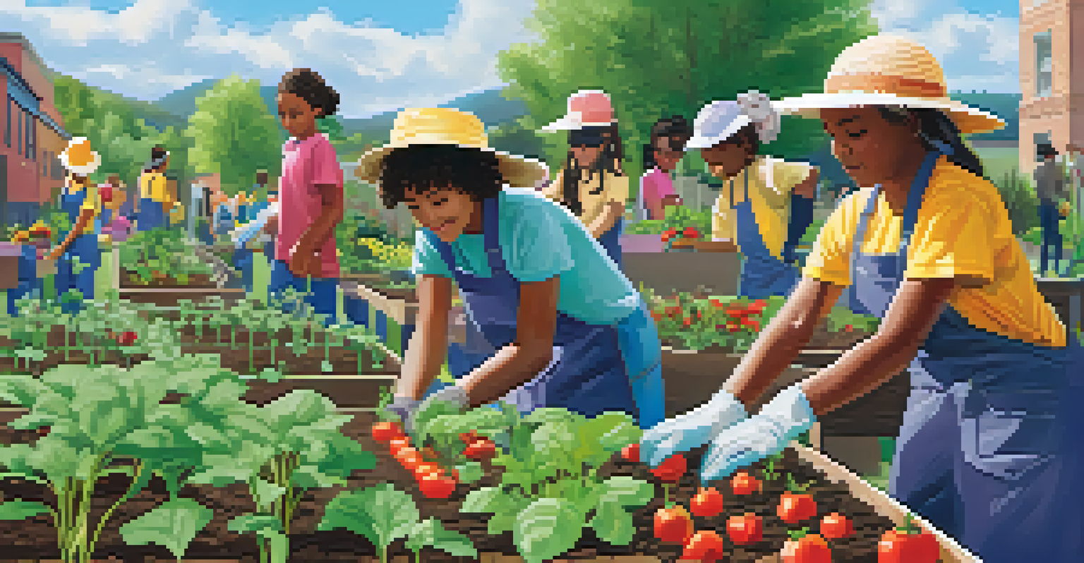 Students and local volunteers working together in a vibrant community garden, planting flowers and vegetables under a sunny sky.