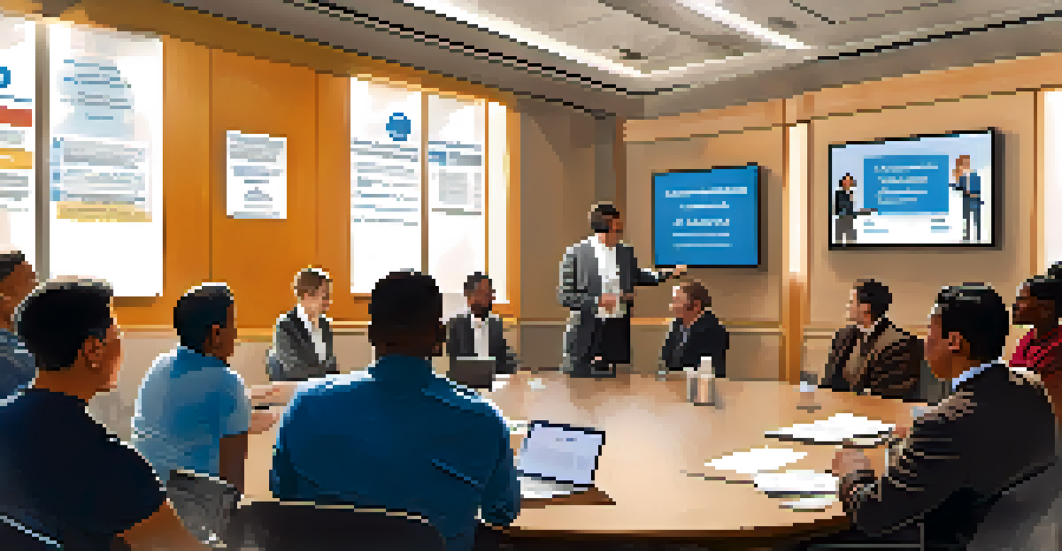 A leader facilitating a training session in a conference room with an engaged audience, surrounded by motivational posters.