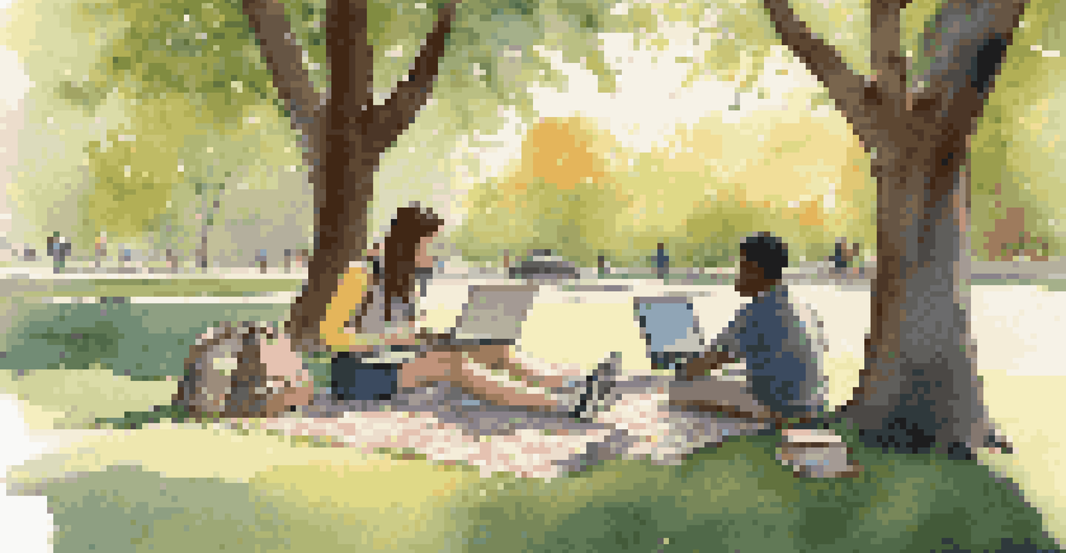 A mentor showing resources on a laptop to a student sitting on a picnic blanket in a sunny park, with trees and educational materials around.