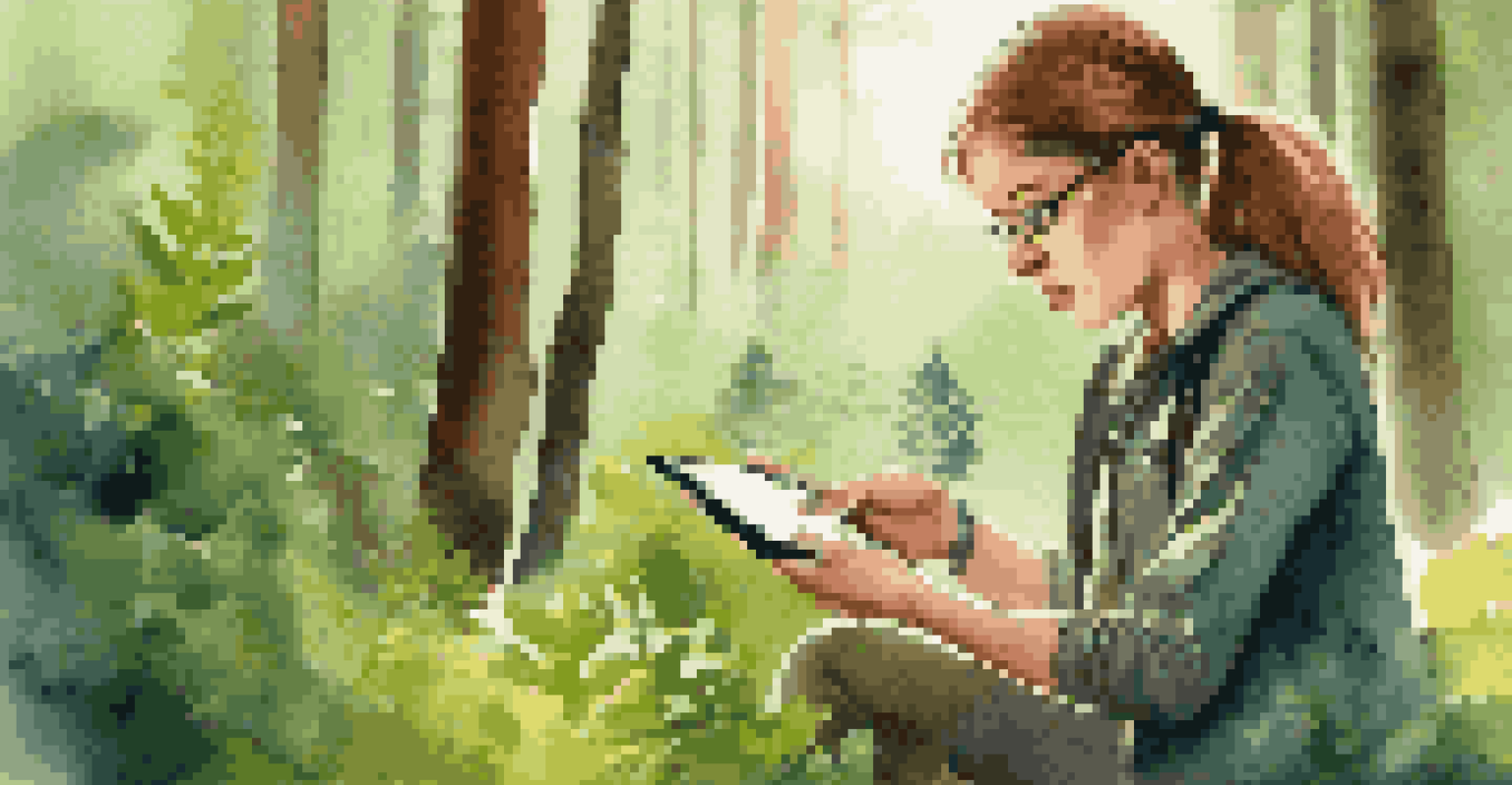 A biology student using a smartphone app to collect data in a forest during a nature walk, surrounded by greenery.