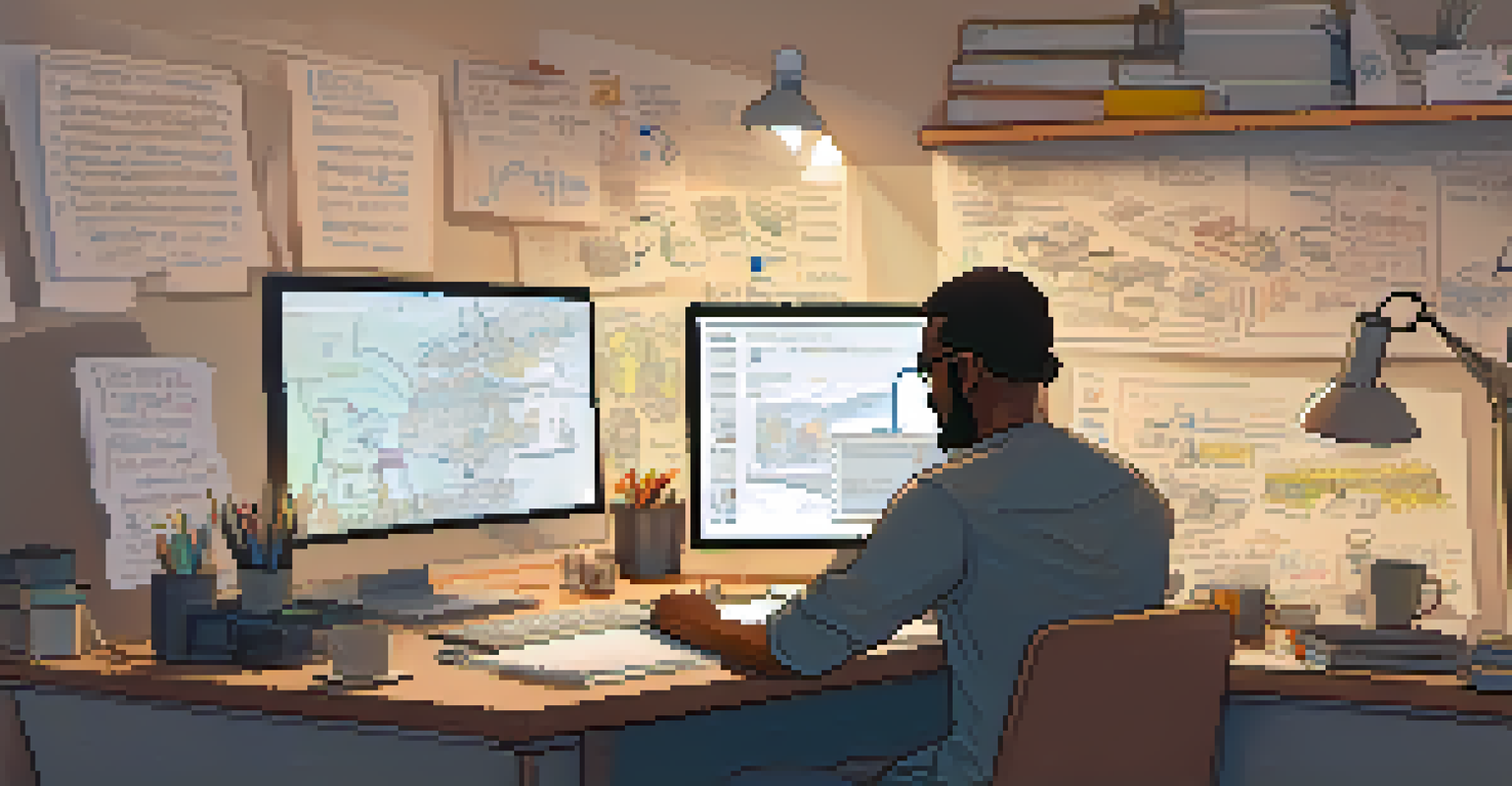 A developer working at a desk filled with sketches and digital devices, reflecting on ethical practices in educational technology development.