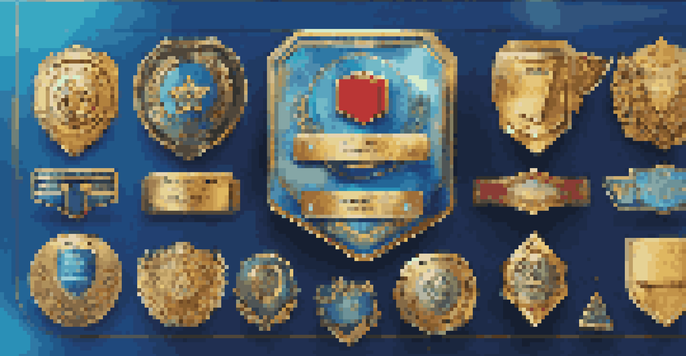 A colorful digital badge on a digital portfolio, with a bright blue background and gold accents, surrounded by other achievement badges.