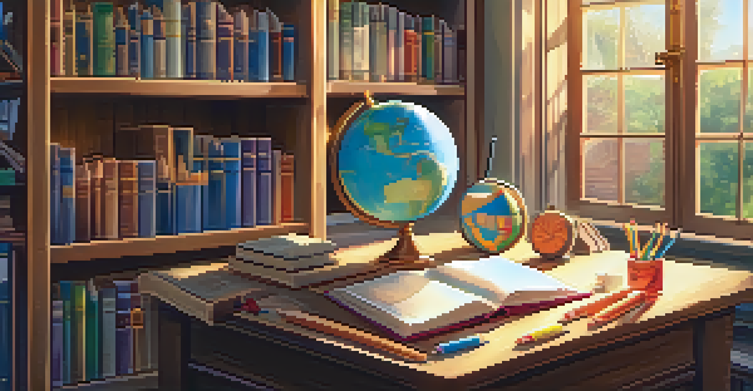An open book with colorful illustrations, surrounded by school supplies in a cozy library.