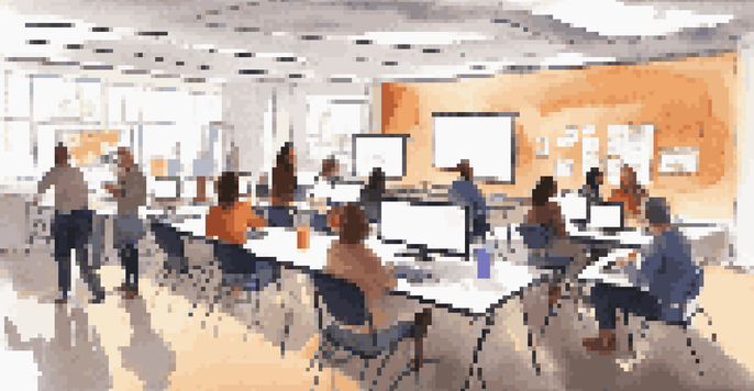 A diverse group of online educators participating in a workshop in a modern virtual classroom with technology and warm lighting.