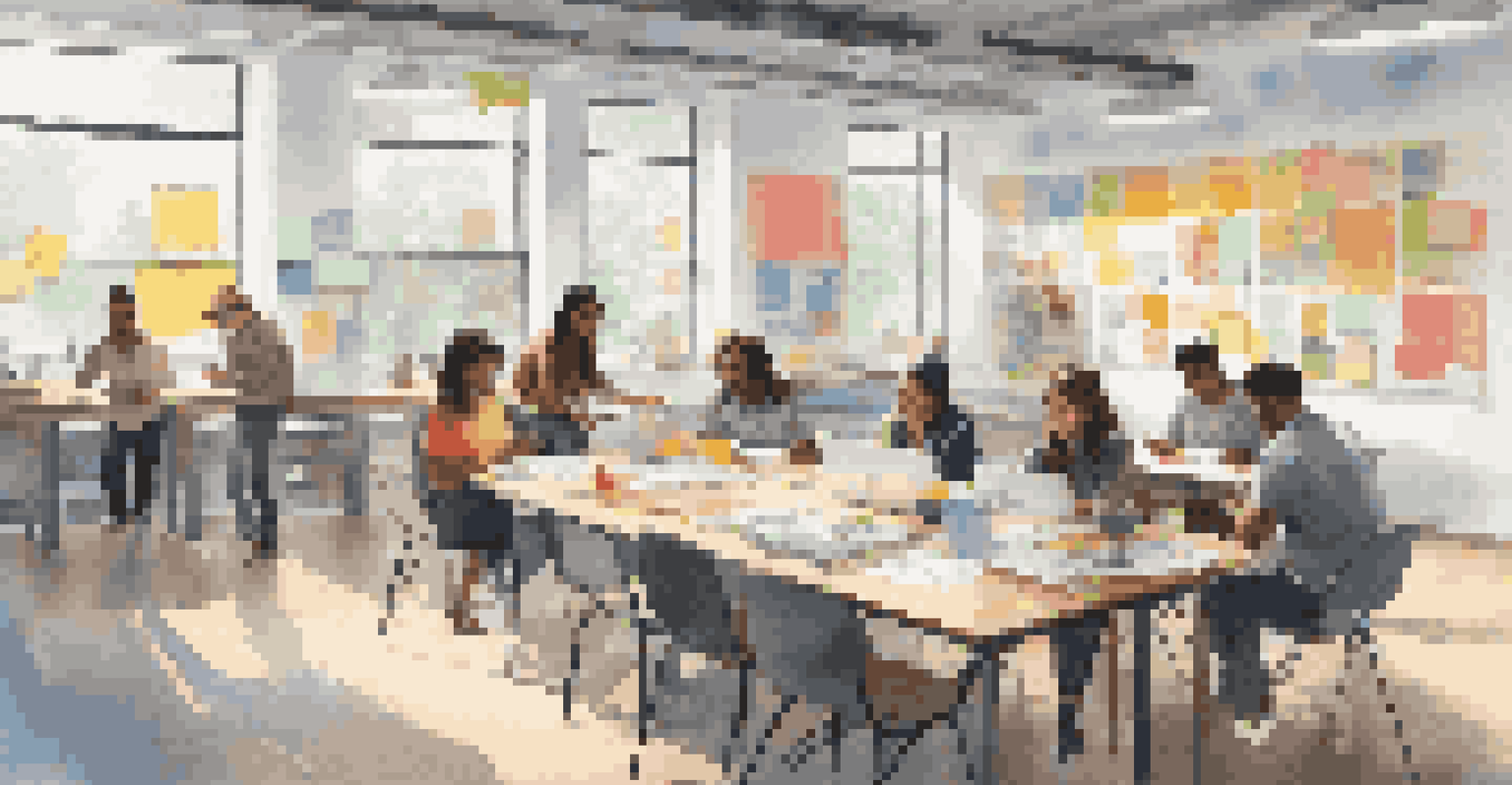 A group of diverse students collaborating around a table filled with sticky notes and charts, in a brightly lit workspace.