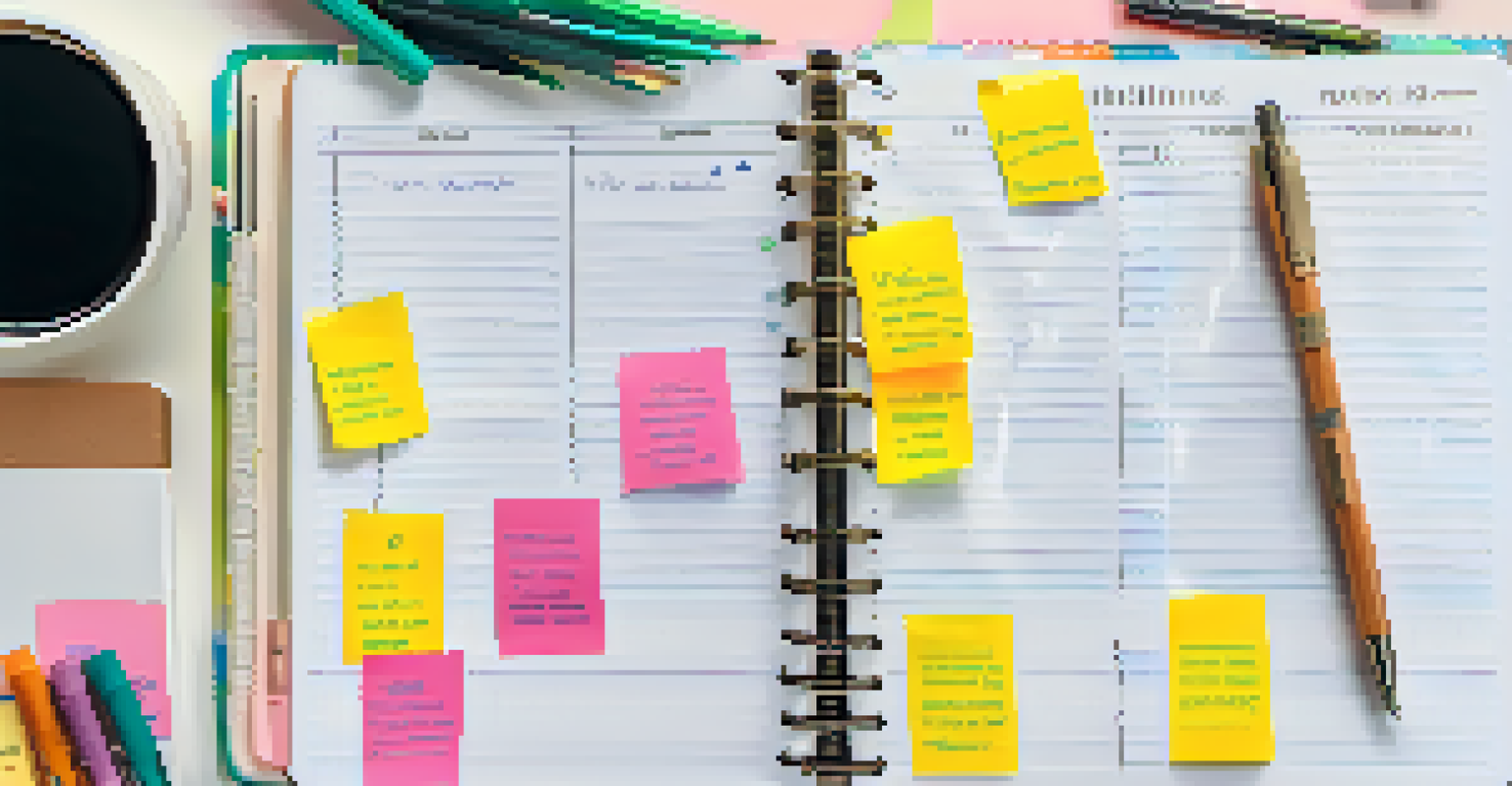 An open planner with a week’s schedule, colorful sticky notes, and pens, in a well-organized home office.