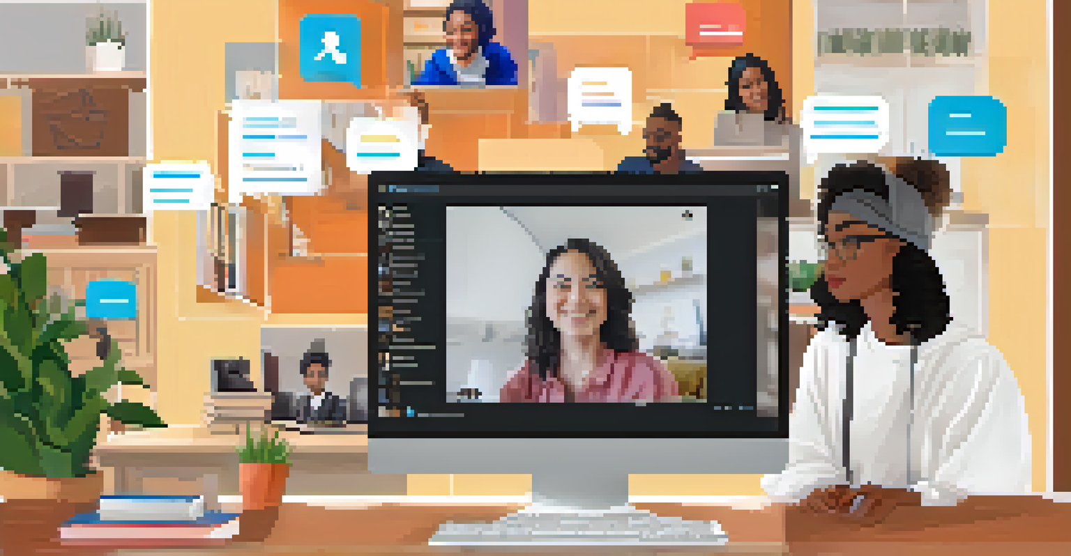 A computer screen showing students engaged in an online learning class with interactive elements, set in a cozy home study space.