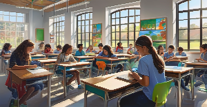 A classroom with diverse students using tablets and digital boards, illuminated by natural light.