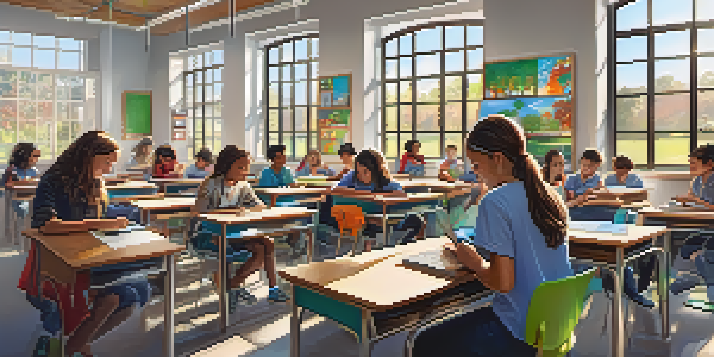 A classroom with diverse students using tablets and digital boards, illuminated by natural light.