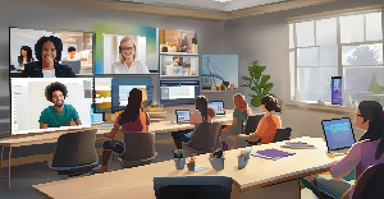 A computer screen showing a lively online learning session with students interacting in a virtual classroom setting.