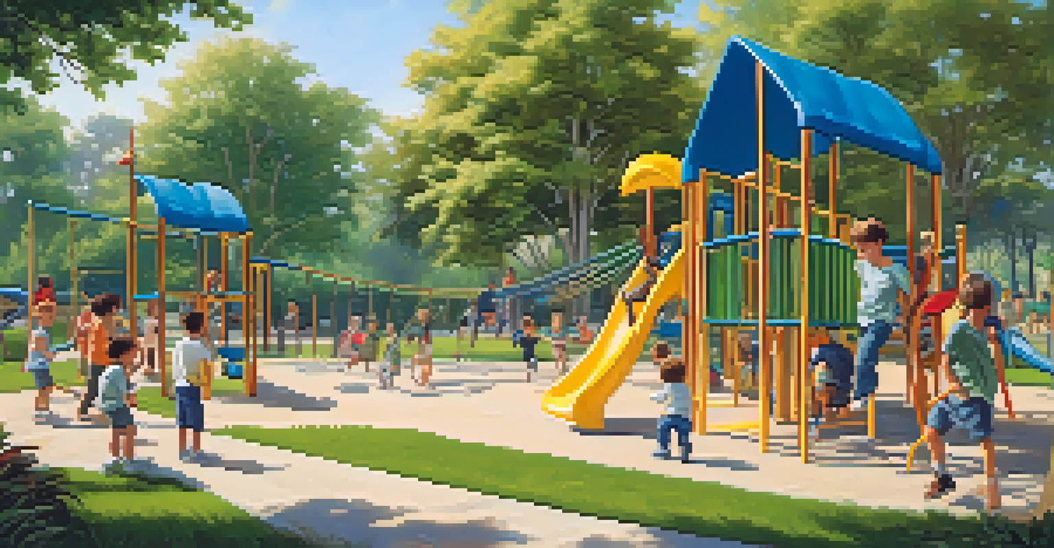 Children playing in a sunny outdoor playground, one climbing a jungle gym.