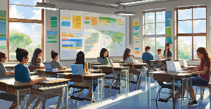 A modern classroom with students using laptops for online assessments, featuring bright natural light and a teacher guiding them.
