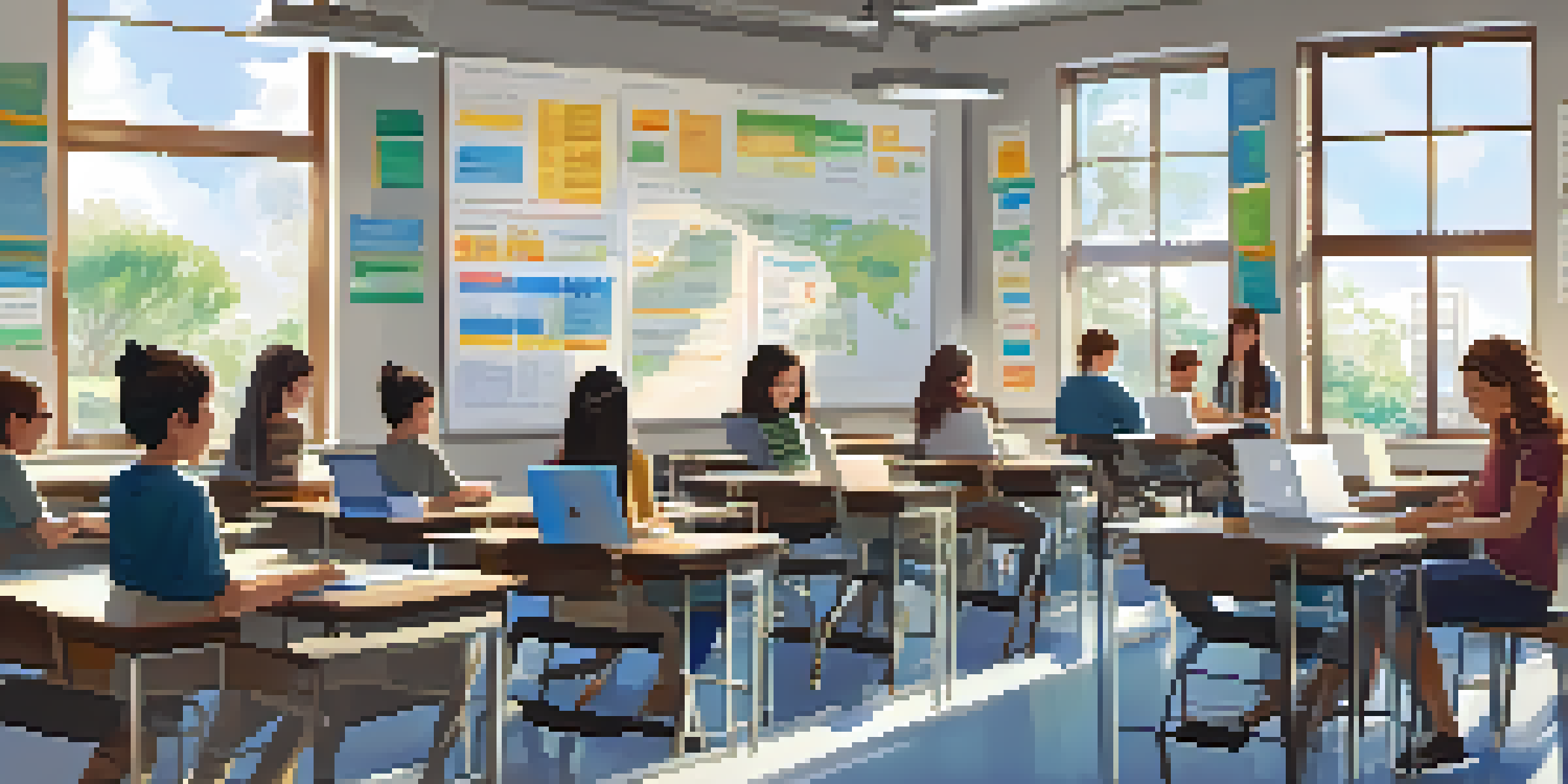 A modern classroom with students using laptops for online assessments, featuring bright natural light and a teacher guiding them.