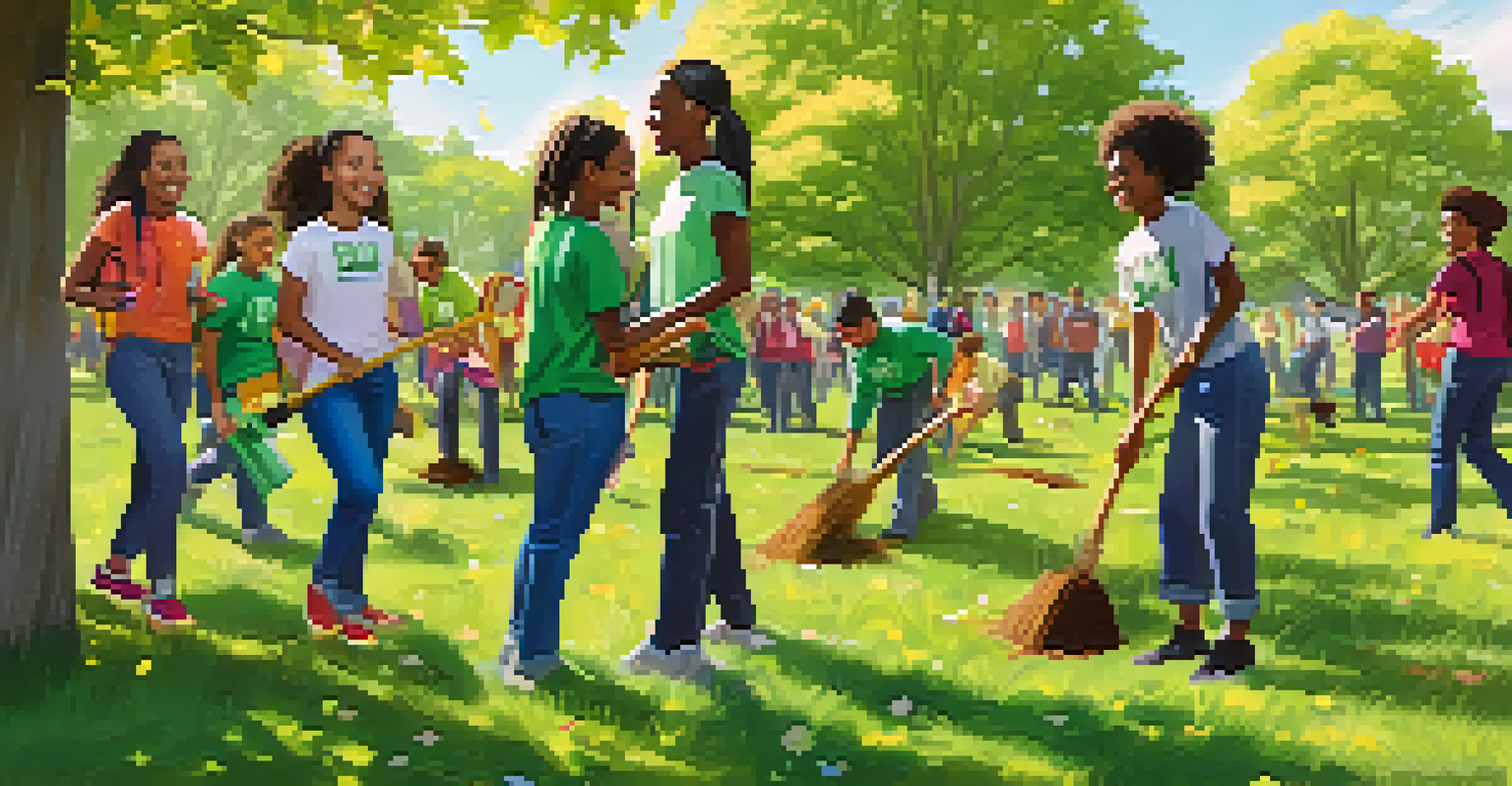 Students from various cultures planting trees in a park, smiling and enjoying their community service project under the sun.
