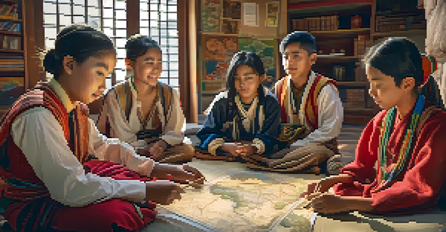 Students in traditional clothing participating in a role-playing activity in a classroom, sharing experiences and showing empathy. A world map is visible in the background.