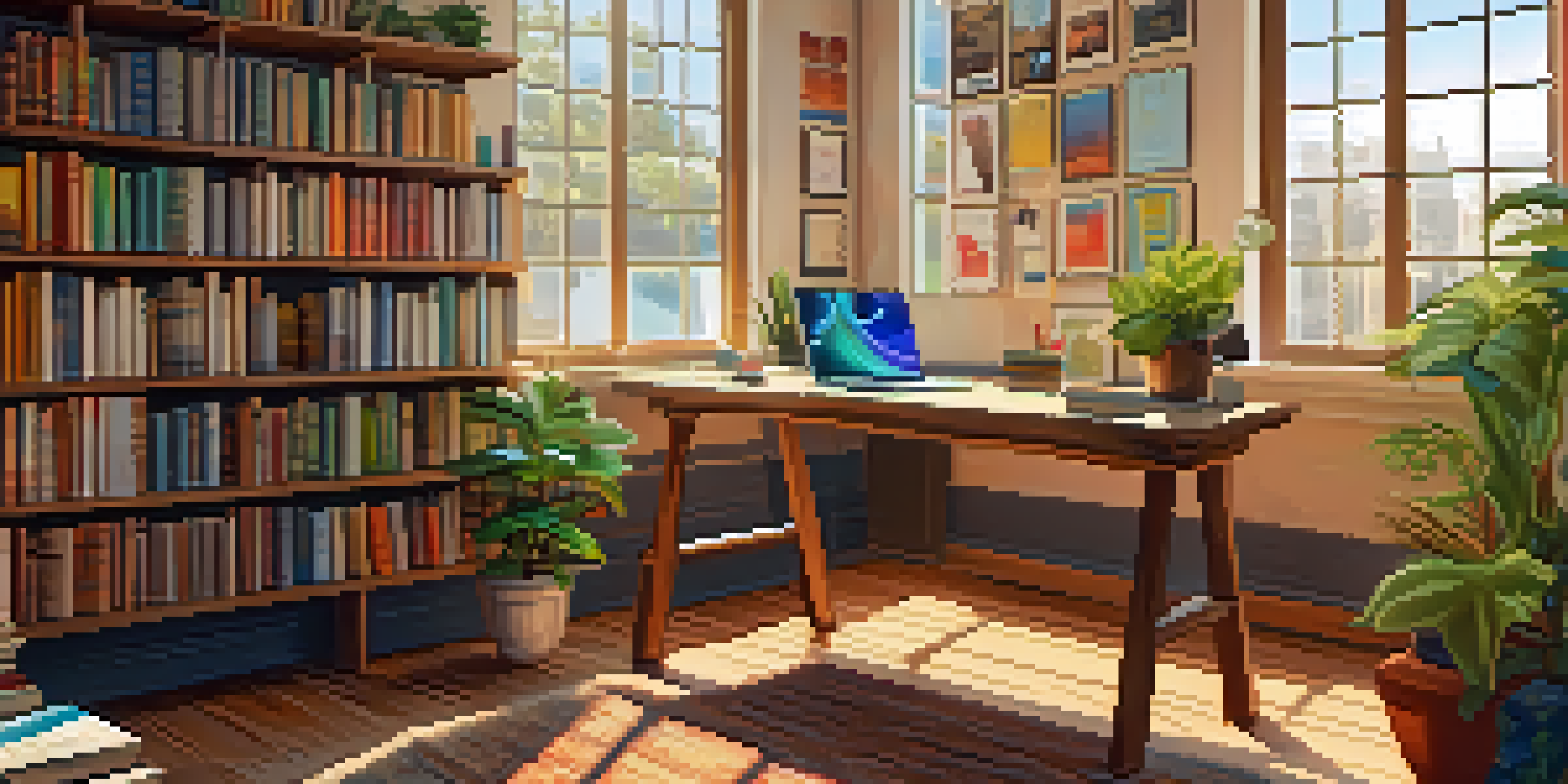 A bright study area with a wooden desk, an open laptop, stacked books, and a potted plant, illuminated by sunlight.