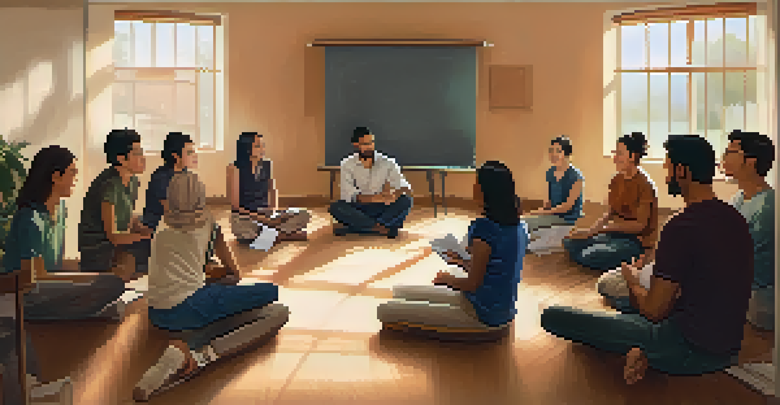 A facilitator sharing a story with a group of engaged learners in a cozy, softly lit room, creating an inviting and interactive learning environment.