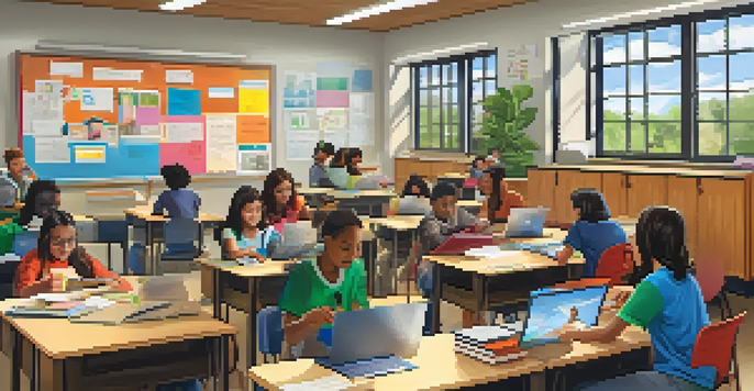 A bright classroom with students of various backgrounds using laptops, collaborating in groups, and interacting with educational materials on a whiteboard.