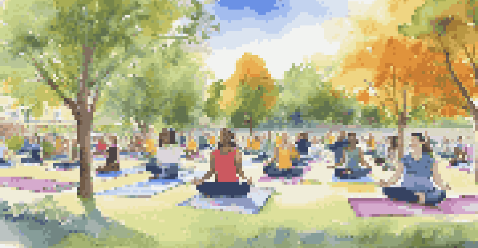 A group of educators practicing yoga outdoors in a wellness initiative event, with banners promoting mental health awareness.
