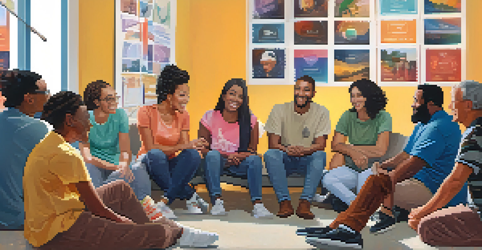 A diverse group of people discussing a podcast episode in a community center, with colorful learning posters in the background.