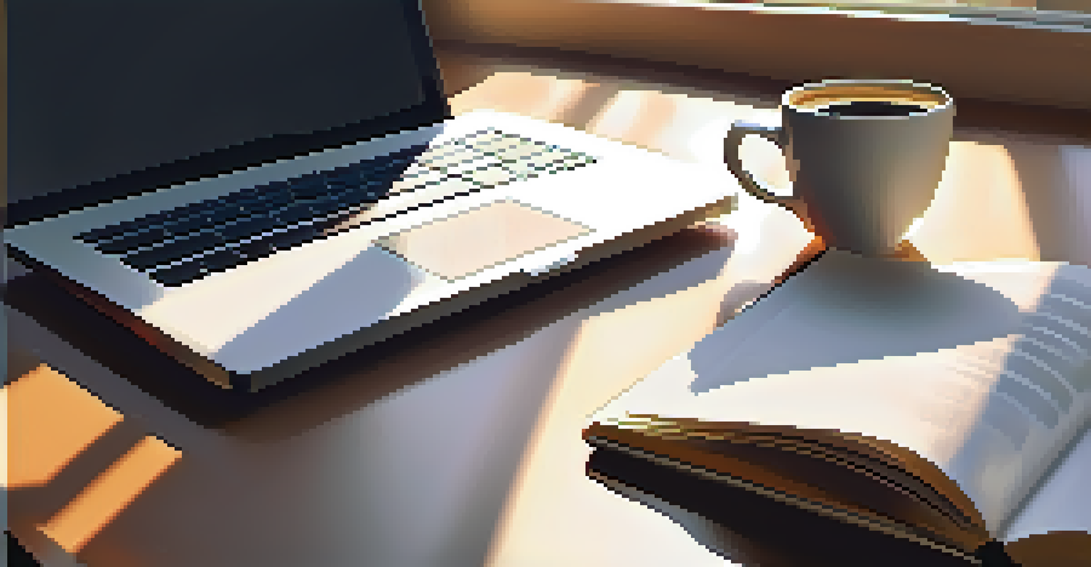 A cozy study setup featuring an open textbook on a desk with a laptop and coffee, illuminated by soft sunlight.