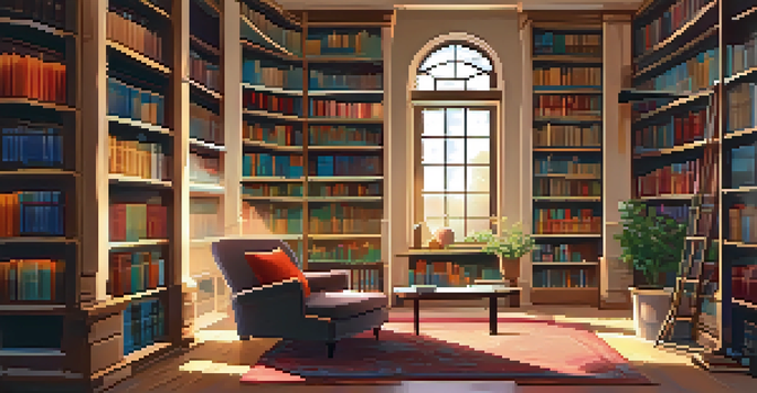 A cozy library with wooden shelves filled with books, a reading nook with an armchair, a cup of tea, and sunlight streaming through windows.