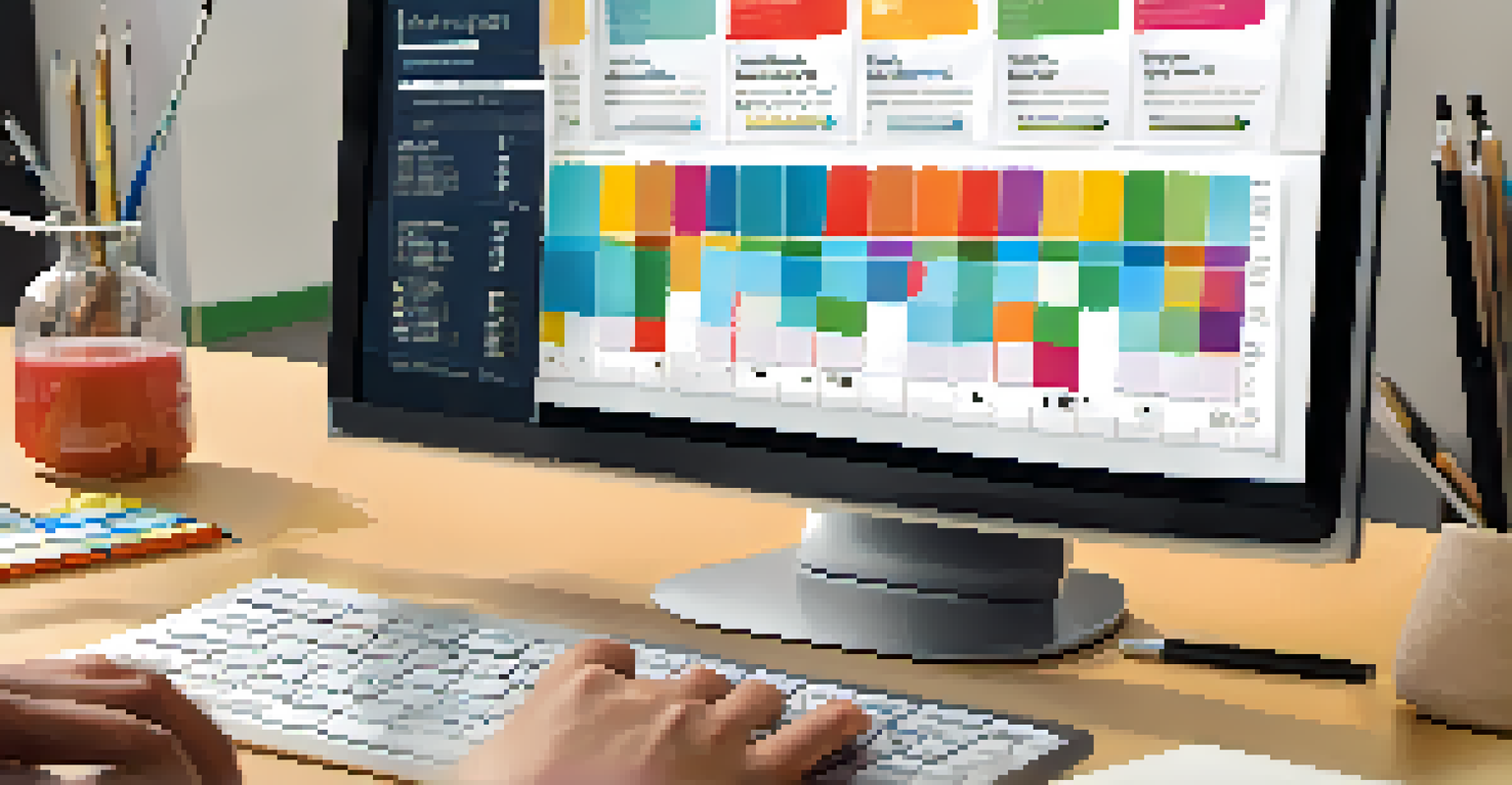 A close-up of a computer screen showing a colorful feedback form with charts, alongside a student's hands typing on the keyboard.