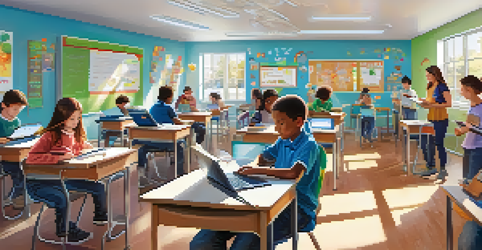 A vibrant classroom with students learning digital skills using computers and tablets, with a teacher guiding them.