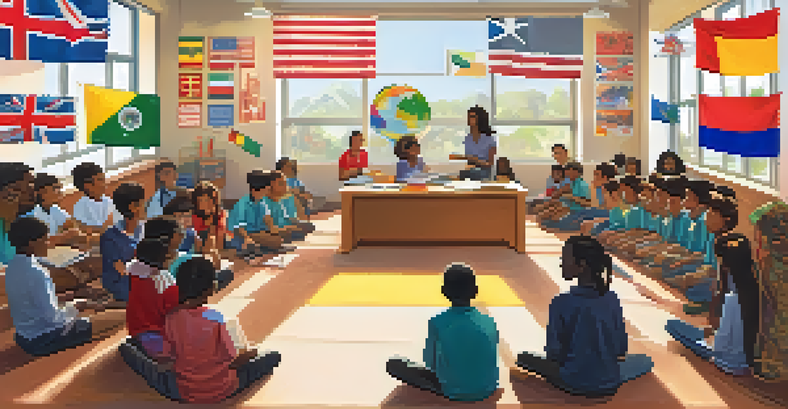 A teacher leading a multicultural discussion in a bright classroom with students from various backgrounds.