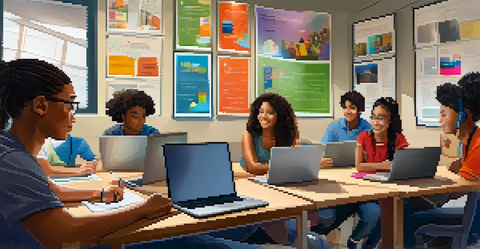 A diverse group of students actively participating in an online class, using laptops and tablets in a bright and colorful classroom setting.
