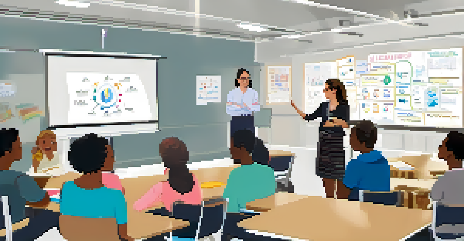 Teachers collaborating during a workshop on adaptive learning strategies, surrounded by teaching materials and a whiteboard.