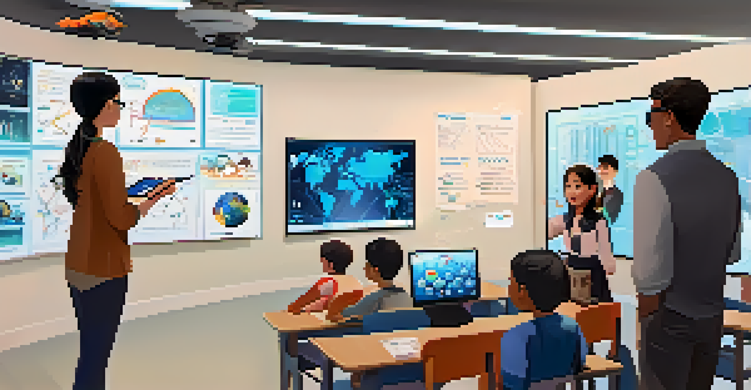 A teacher in a futuristic classroom guiding students wearing AR glasses, interacting with floating educational graphics and charts.