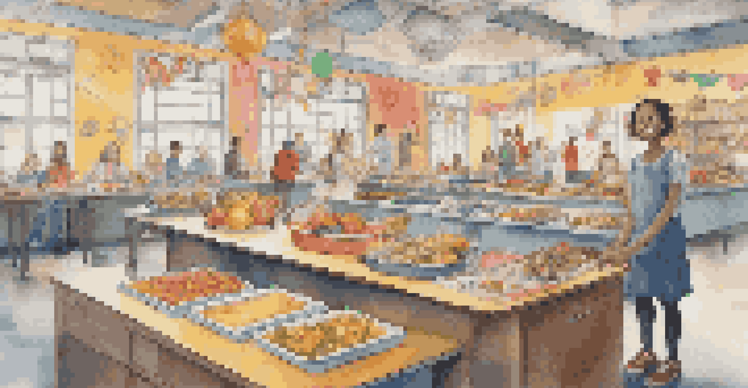 A student in a colorful classroom chooses from a buffet of educational topics and projects, representing the concept of choice in education.