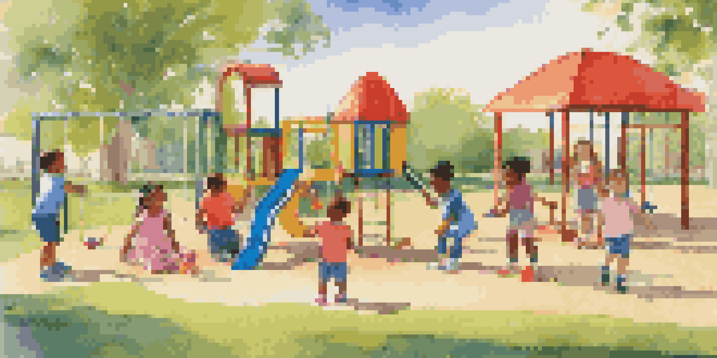 A lively playground with children of different ethnicities sharing toys and playing together, surrounded by bright play structures and natural greenery.
