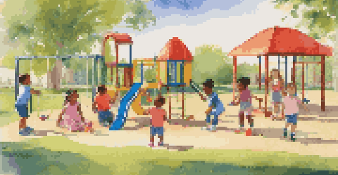 A lively playground with children of different ethnicities sharing toys and playing together, surrounded by bright play structures and natural greenery.
