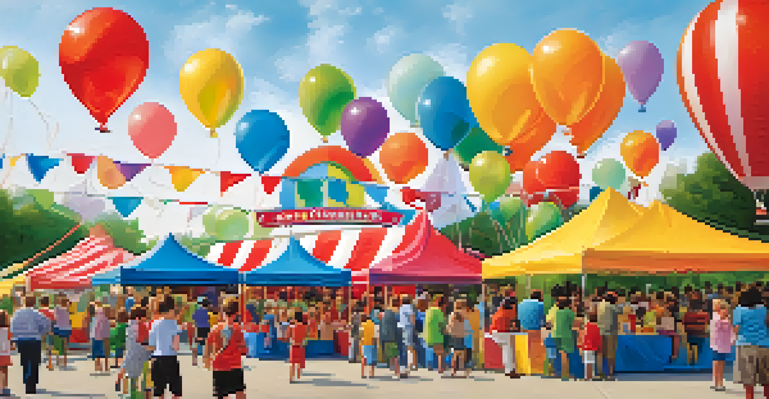A lively outdoor community event with parents and children engaging in educational activities at colorful booths.
