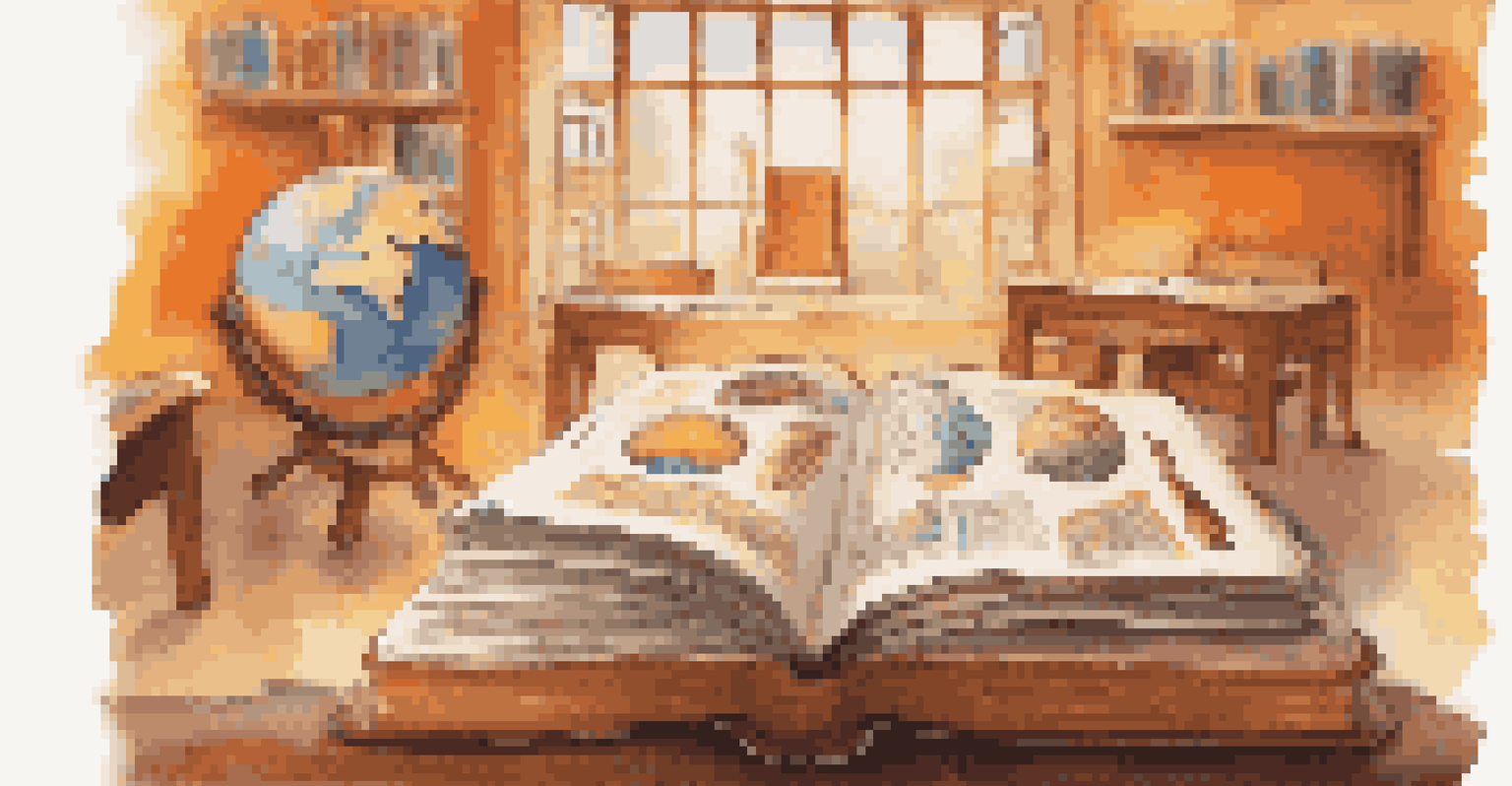 An open book with turning pages surrounded by cultural symbols, set against a blurred background of a classroom discussion.