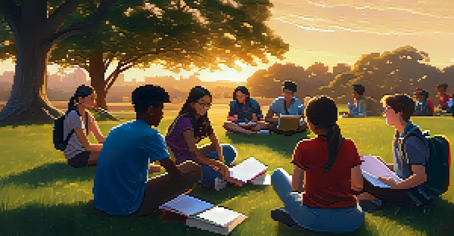 A diverse group of students sitting on a grassy hill, sharing study notes and discussing plans under a warm sunset.