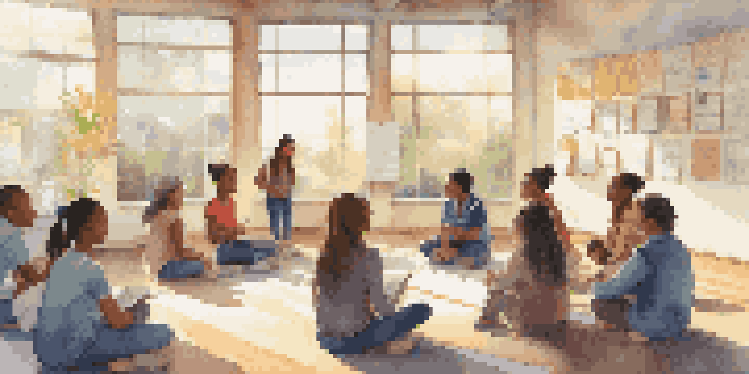 A diverse group of students in a bright classroom engaged in reflective discussion, surrounded by colorful education materials.