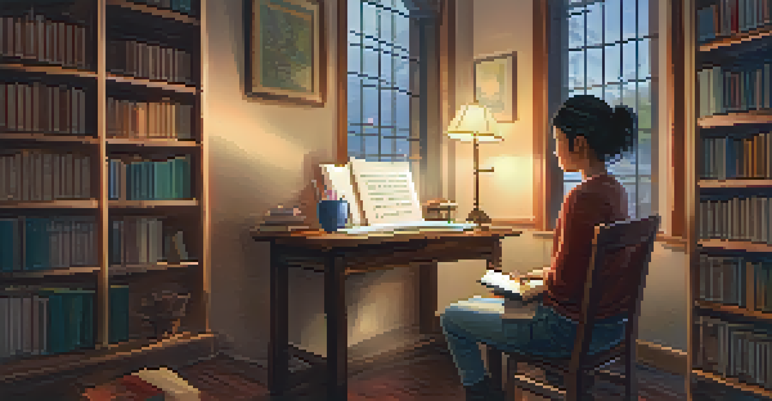 A young girl writing in a journal in a cozy library corner, surrounded by books and soft lighting.