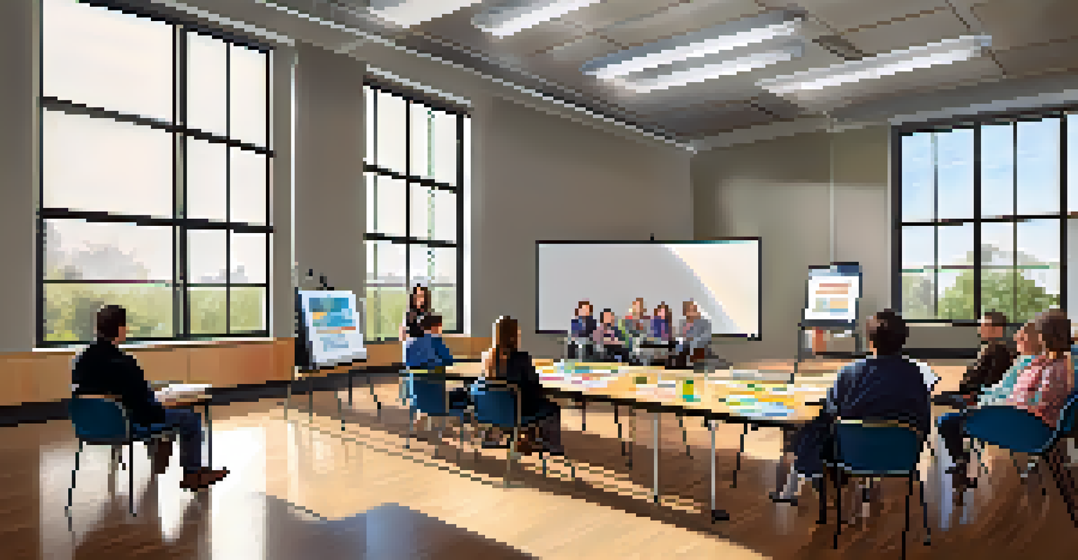 An experienced facilitator leading a workshop for educators in a modern conference room, with engaging multimedia content displayed.