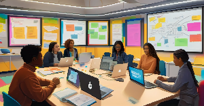A group of diverse students participating in an online class discussion, surrounded by laptops and colorful notes, with a digital whiteboard in the background.